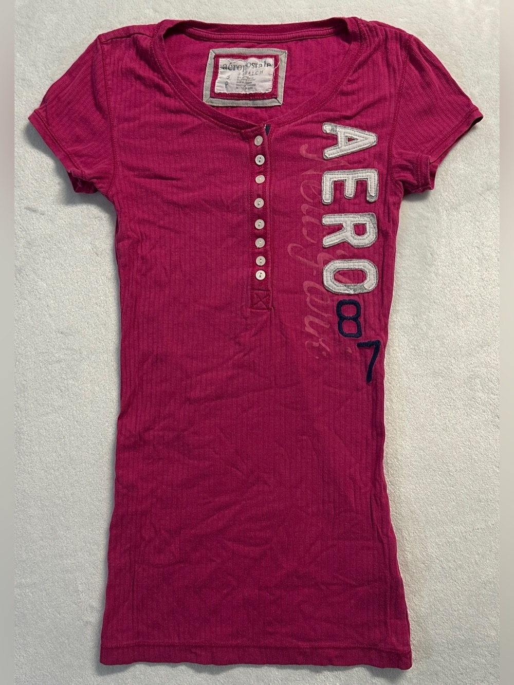Y2K AEROPOSTALE women's pink white embroidered ribbed henley tee, S.